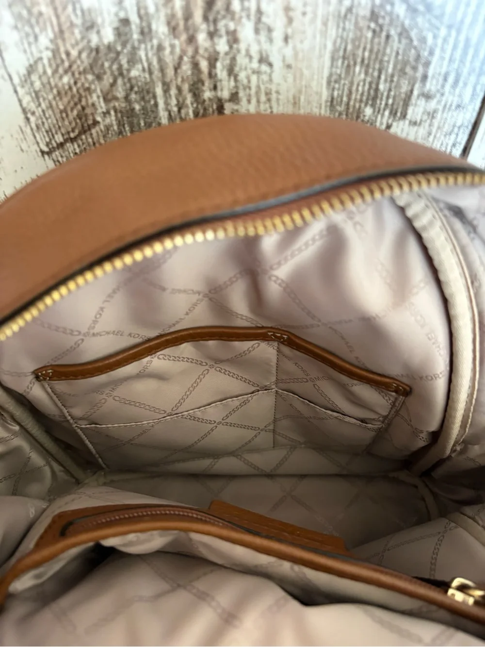 Michael Kors Tan Pebbled Leather Backpack with Gold Logo